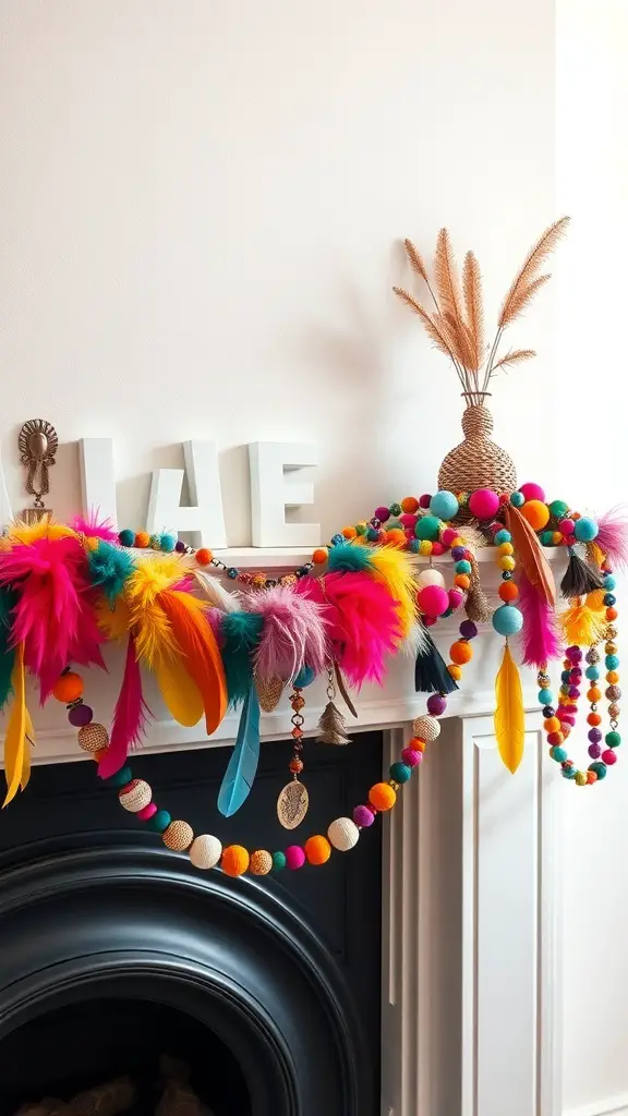 Colorful feather and bead garland draped over a mantel