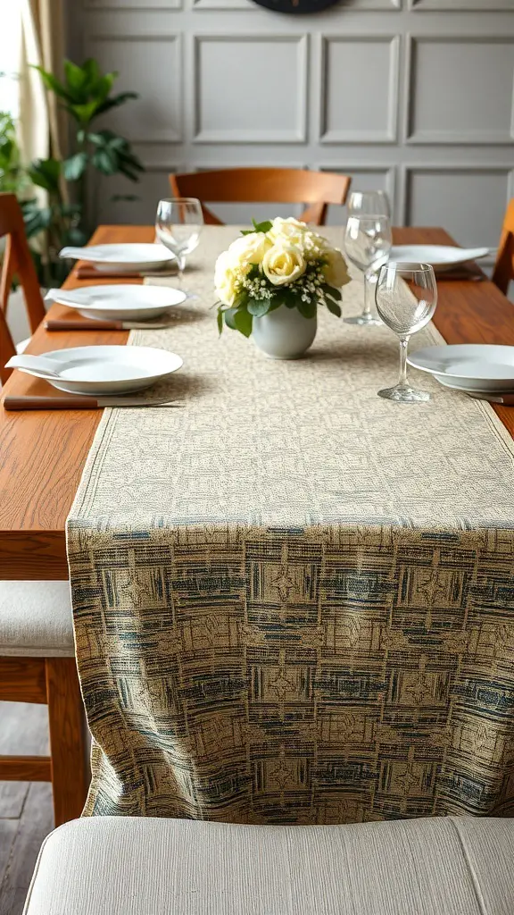 A dining table set with a patterned table runner, white plates, and a floral centerpiece.