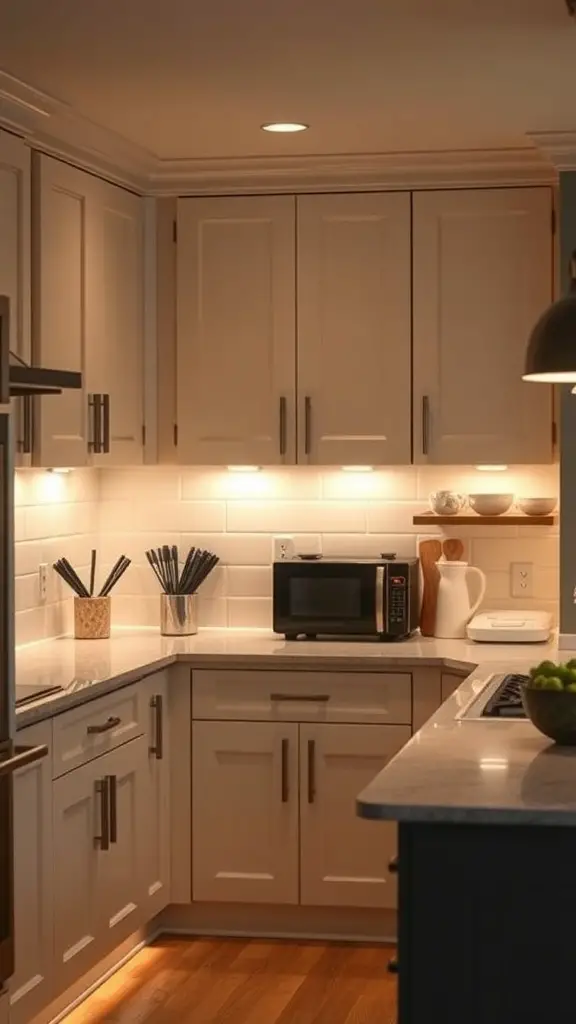 27+ Stylish Slim Shaker Cabinets for Your Dream Kitchen 12 A kitchen featuring slim shaker cabinets with under-cabinet lighting, showcasing a modern design.