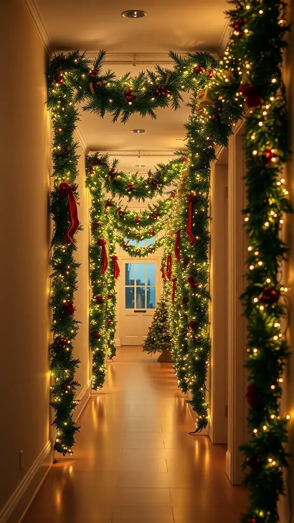 29+ Magical Hallway Christmas Light Ideas to Brighten Your Home 8 A hallway decorated with garlands and integrated lights for Christmas