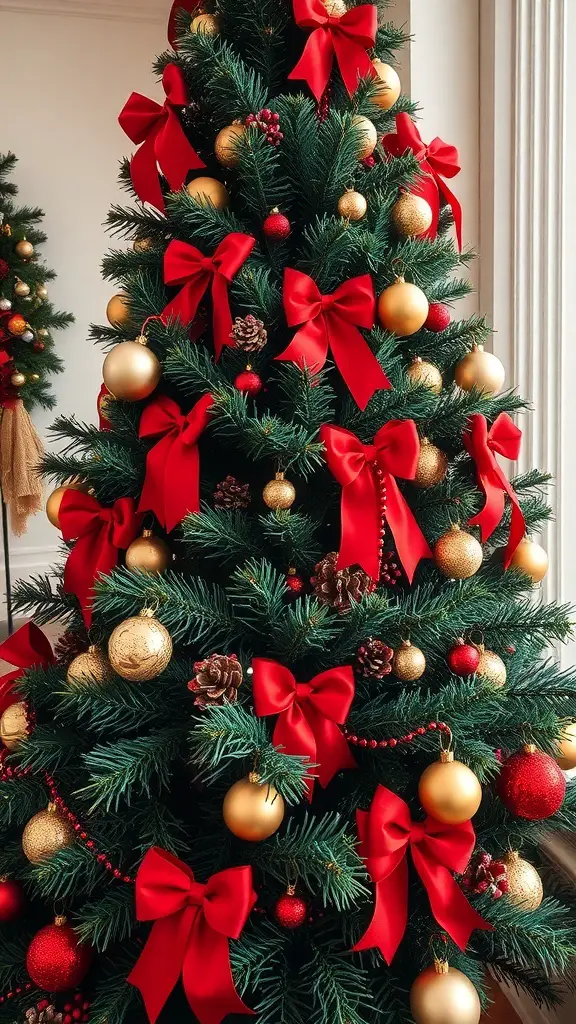 A beautifully decorated Christmas tree with red bows, gold ornaments, and pinecones.