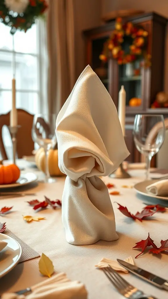 A beautifully folded spiral napkin on a Thanksgiving table, surrounded by autumn leaves and pumpkins.