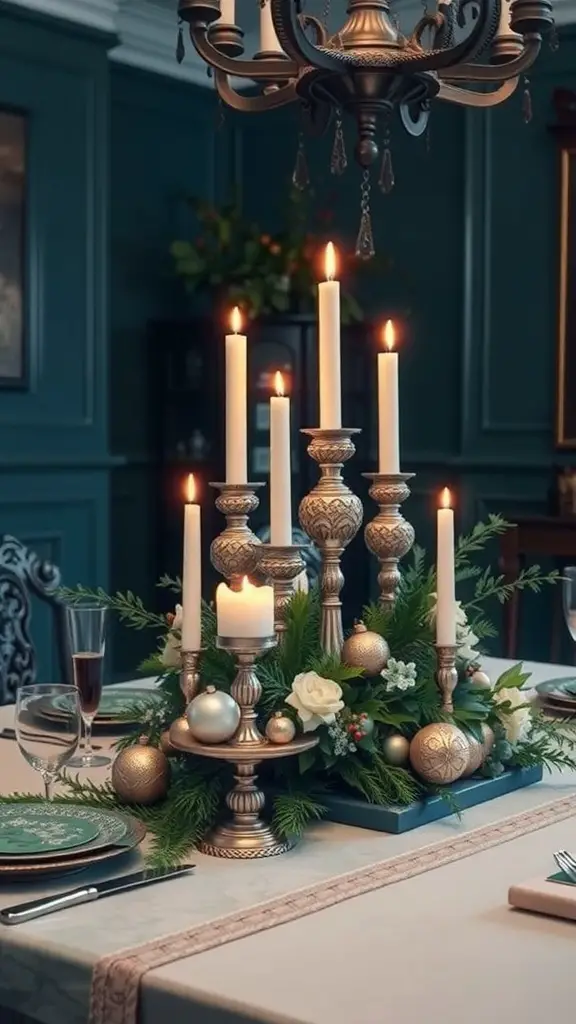 A beautifully arranged candlelit centerpiece with tall candlesticks, ornaments, and greenery on a dining table.