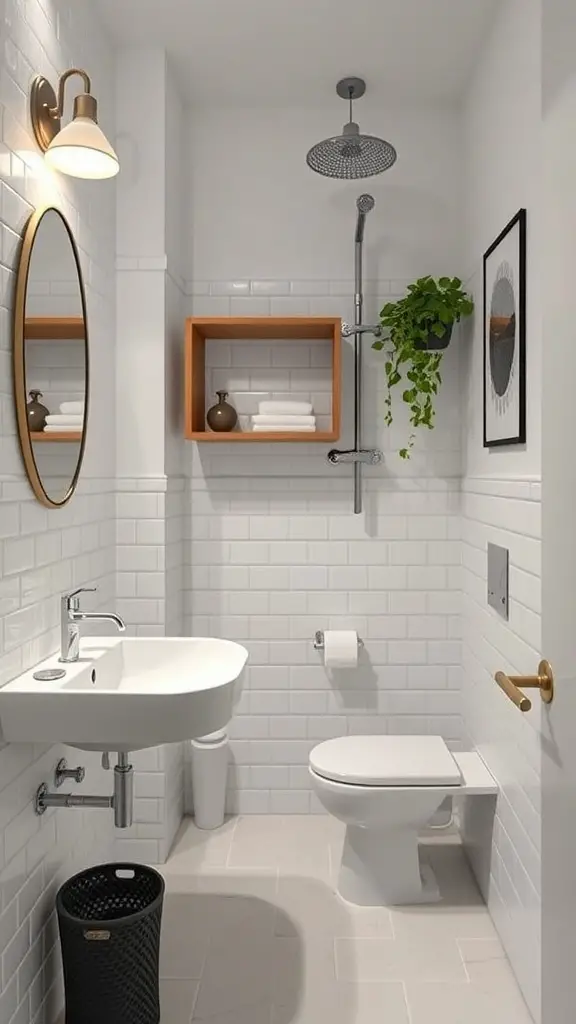 27+ Inspiring Small Garage Apartment Ideas for Cozy Living 8 Stylish small bathroom with white tiles, wooden shelves, and modern fixtures