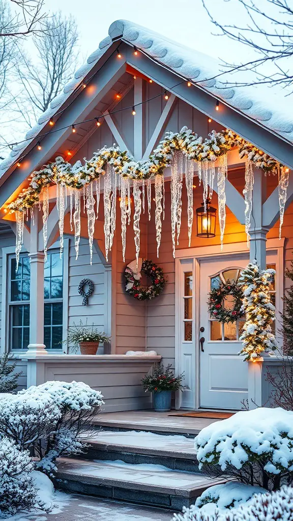 A house decorated with icicle lights and winter decorations, surrounded by snow.