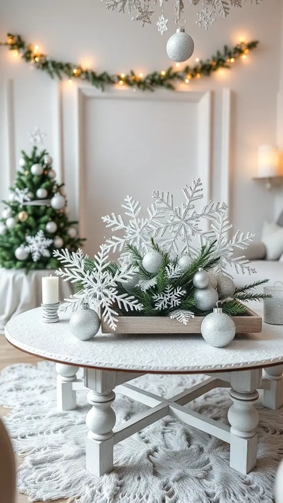 25+ Creative Christmas Coffee Table Decor Ideas to Elevate Your Holiday Style 15 A beautifully decorated coffee table with white decor, snowflakes, and a small Christmas tree in a cozy winter setting.
