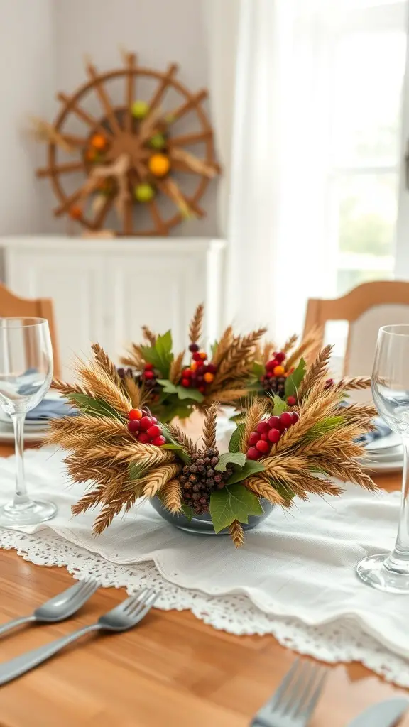 A harvest wreath centerpiece made of dried wheat, red berries, and green leaves on a dining table.