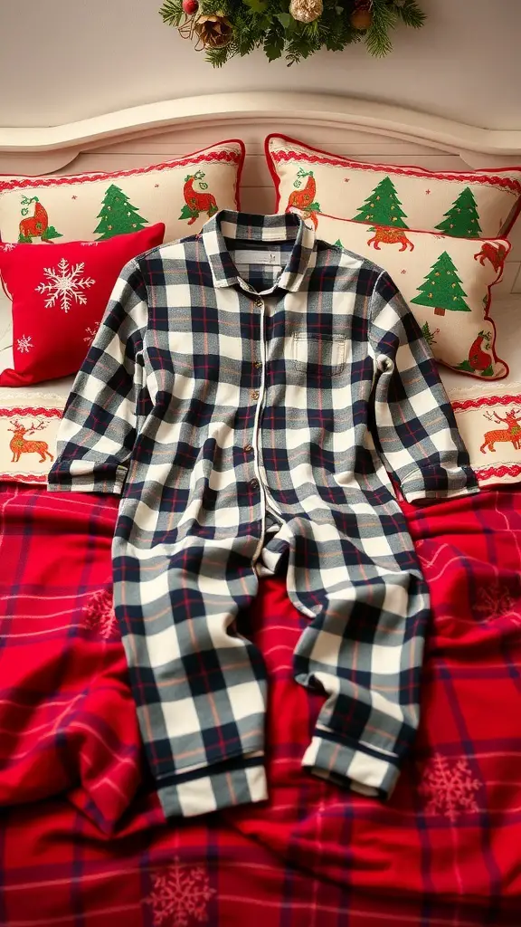 29+ Creative Sewing Projects for Handmade Christmas Gifts 7 Cozy flannel pajama set on a festive bedspread with holiday pillows.
