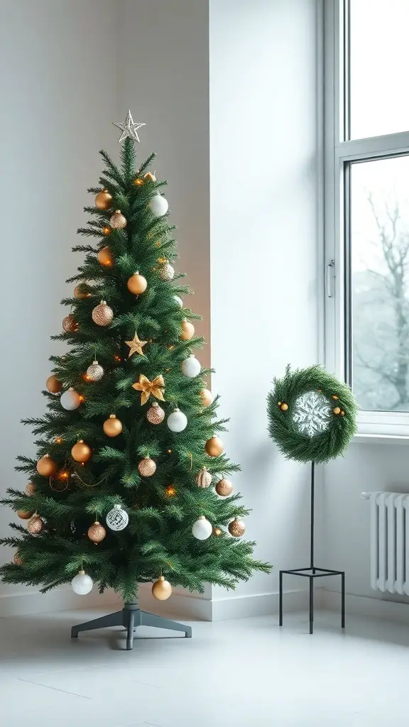 A modern minimalist Christmas tree decorated with gold and white ornaments, next to a stylish wreath on a stand.