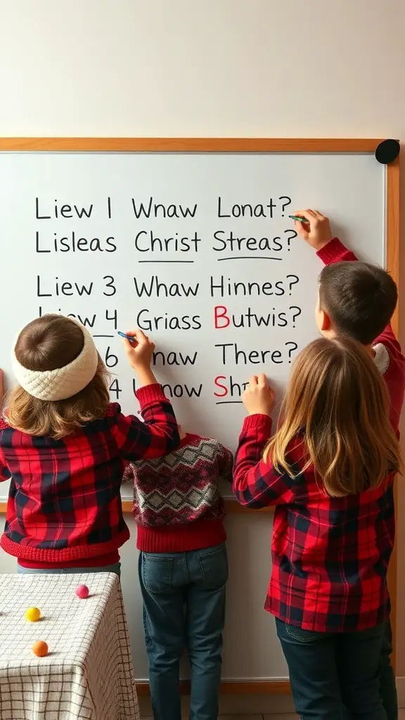Kids playing Holiday Pictionary, writing clues on a whiteboard