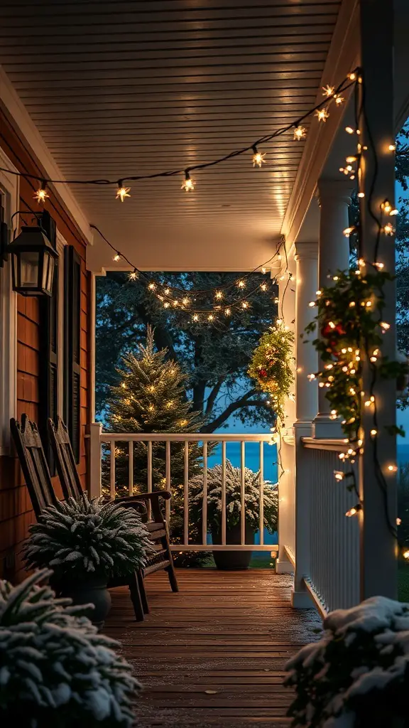 A winter porch decorated with twinkling string lights, showcasing a cozy atmosphere with snow-covered plants and a small tree.