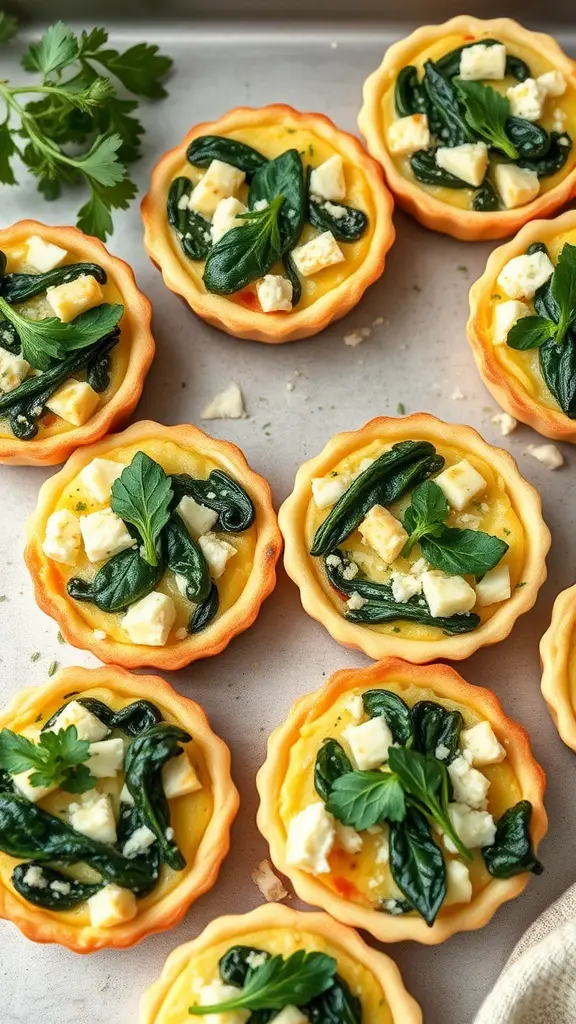 29+ Delicious Thanksgiving Appetizers to Impress Your Guests 6 Mini quiches filled with spinach and feta cheese, arranged on a baking tray.