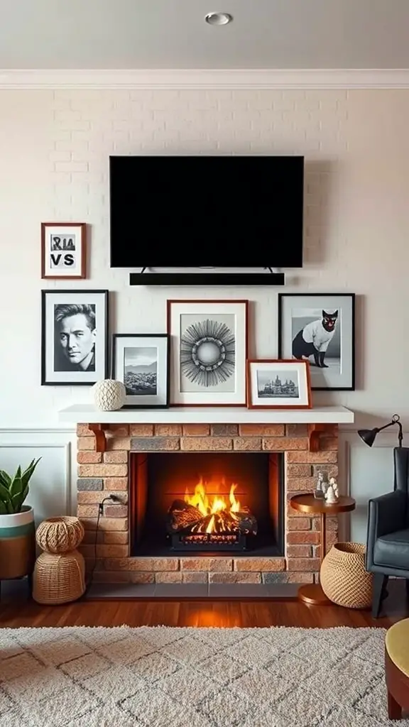 29+ Stunning TV Fireplace Wall Ideas You’ll Love 15 A cozy living room with a TV mounted above a brick fireplace, surrounded by framed artwork and decorative items.