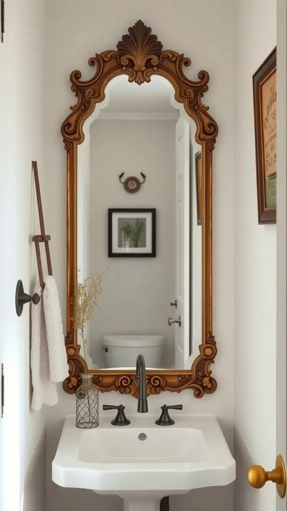 29+ Stunning Vertical Mirror Ideas to Transform Your Narrow Bathroom 4 A vintage ornate framed mirror in a narrow bathroom above a white sink.