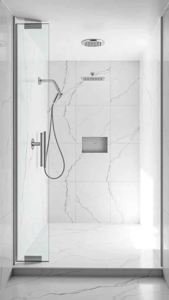 25+ Stunning Walk-In Shower Ideas with No Doors for a Sleek Bathroom Design 7 Open concept walk-in shower with marble tiles and glass panel