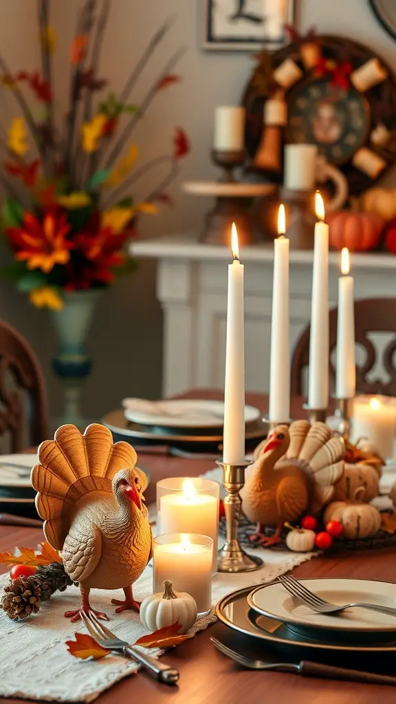 27+ Creative Turkey Crafts for Adults to Celebrate Thanksgiving 11 A beautifully set Thanksgiving table with turkey-themed decorations and candle holders.