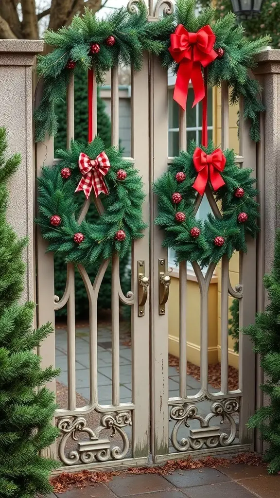 Two Christmas wreaths with red bows on a decorative gate