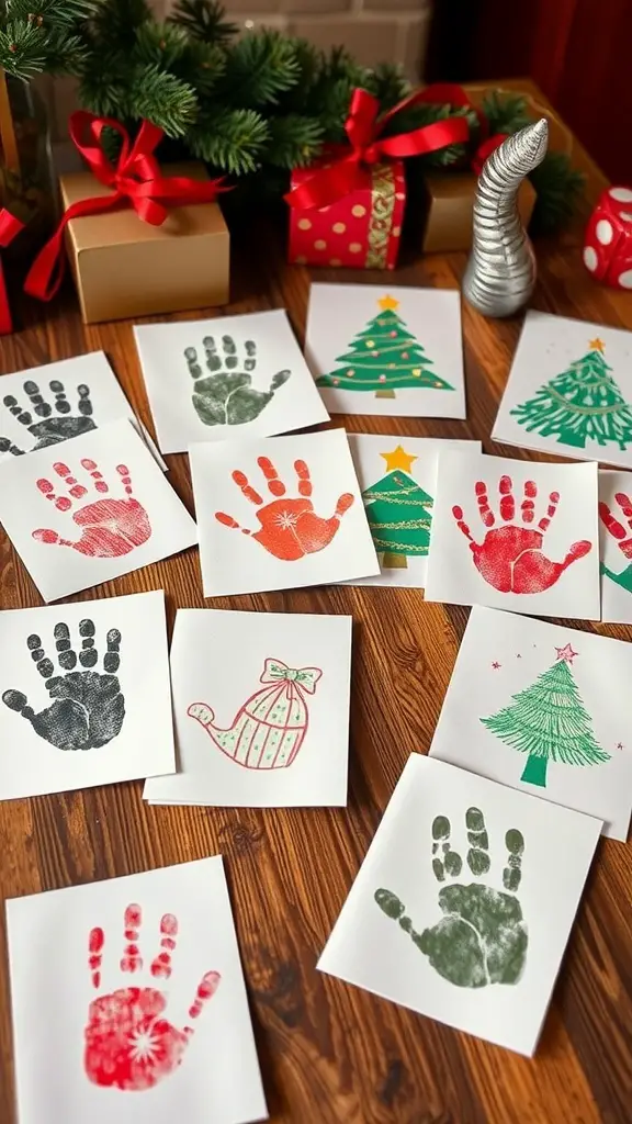 A collection of handprint Christmas cards featuring festive designs like trees and ornaments, surrounded by holiday decorations.