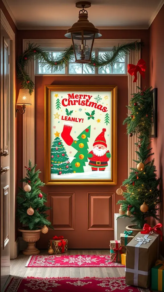 25+ Christmas Entryway Decor Ideas to Transform Your Home 12 Festively decorated entryway with Christmas artwork, trees, and gifts.