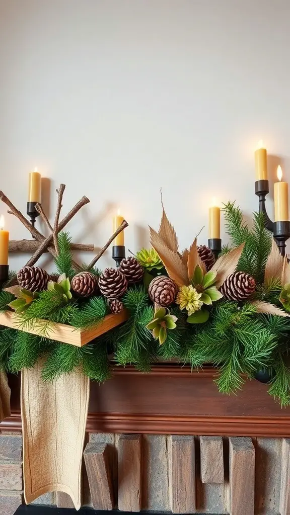 29+ Creative Christmas Mantel Decorating Ideas to Inspire Your Holiday Spirit 13 A beautifully decorated Christmas mantel featuring pinecones, greenery, and candles.
