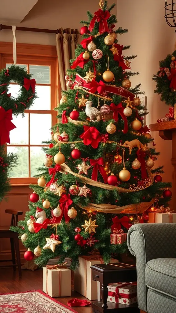 A beautifully decorated red Christmas tree with ornaments, ribbons, and gifts underneath.