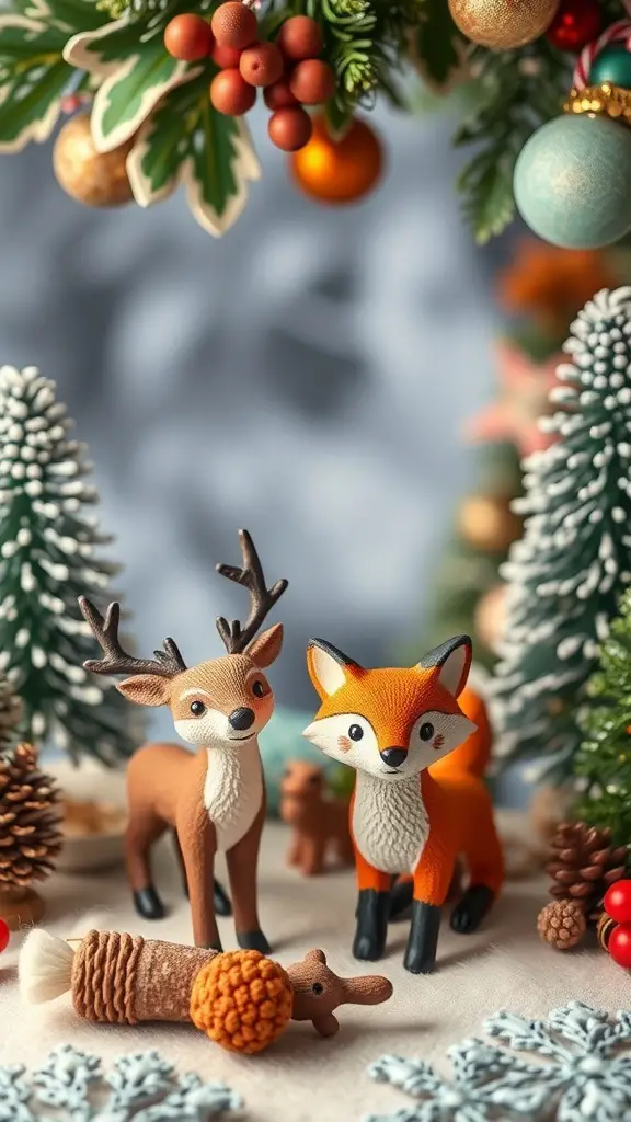 Woodland creature figurines including a deer and a fox, surrounded by festive decor.