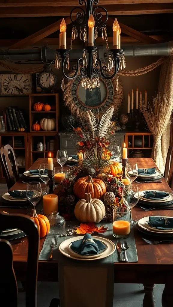 A beautifully set Thanksgiving table featuring a family heirloom centerpiece with pumpkins, candles, and seasonal decorations.