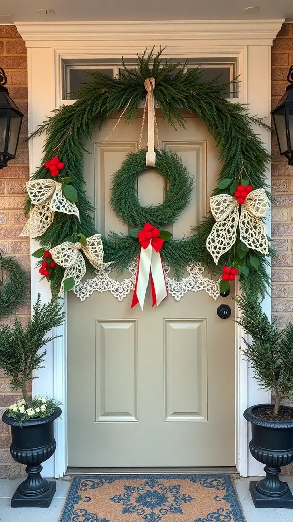 25+ Festive Christmas Swags Ideas for Your Front Door 9 Vintage inspired lace and holly swag on a front door