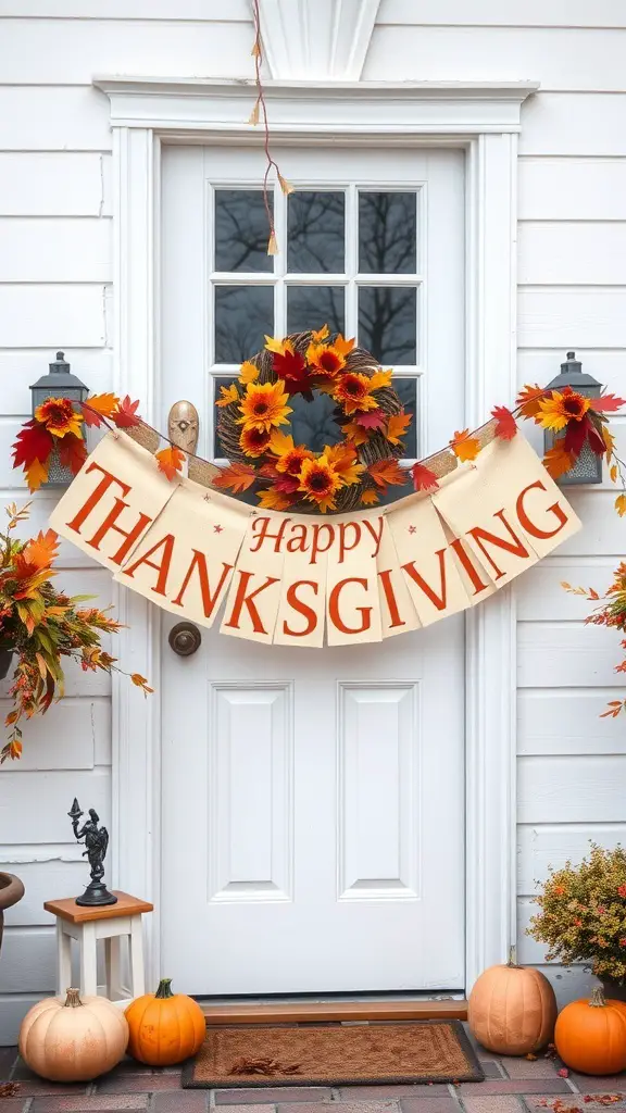 A door decorated with a 'Happy Thanksgiving' banner, surrounded by autumn leaves and pumpkins.