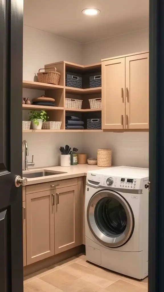 25+ Stunning Laundry Room Cabinet Ideas for a Chic and Organized Space 16 A cozy laundry room with corner cabinets, open shelving, and a washing machine.