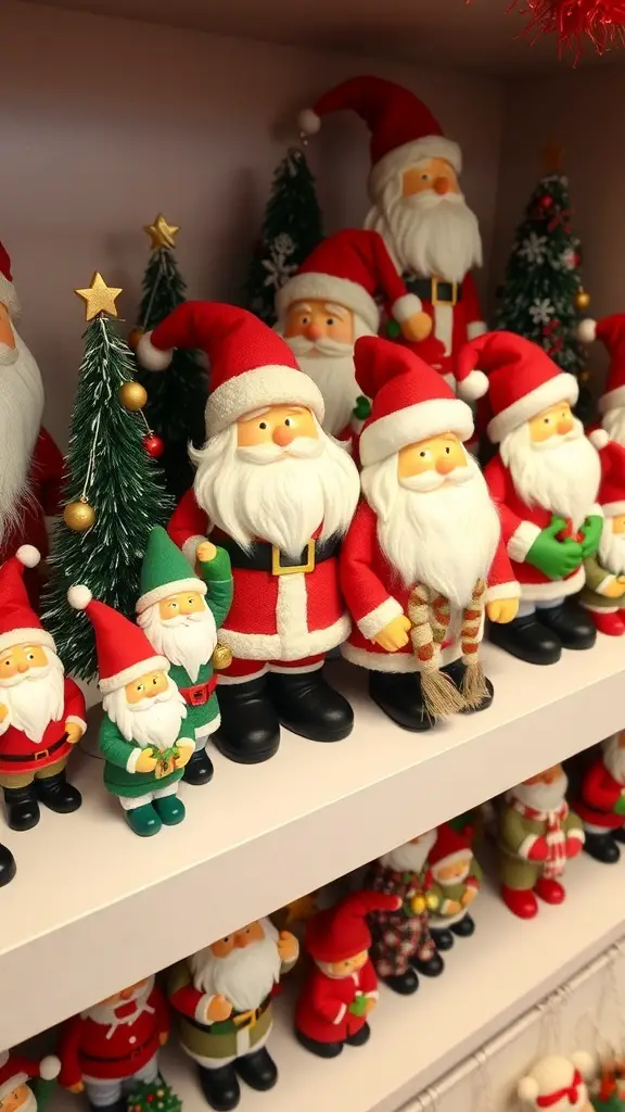 A collection of whimsical Santa figurines on a shelf, showcasing various sizes and styles.