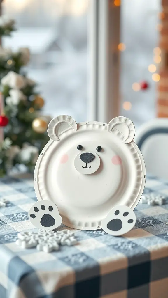 A cute paper plate polar bear craft for toddlers, featuring a white plate with bear ears, a nose, and paw prints.