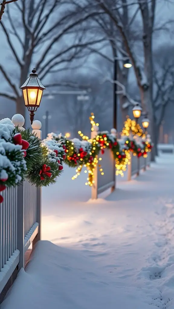 A snowy pathway decorated with colorful holiday garlands and lights