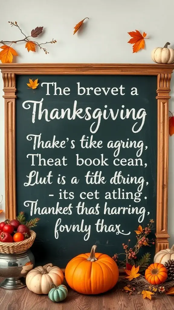 Chalkboard art featuring Thanksgiving quotes and sayings, surrounded by autumn decorations.