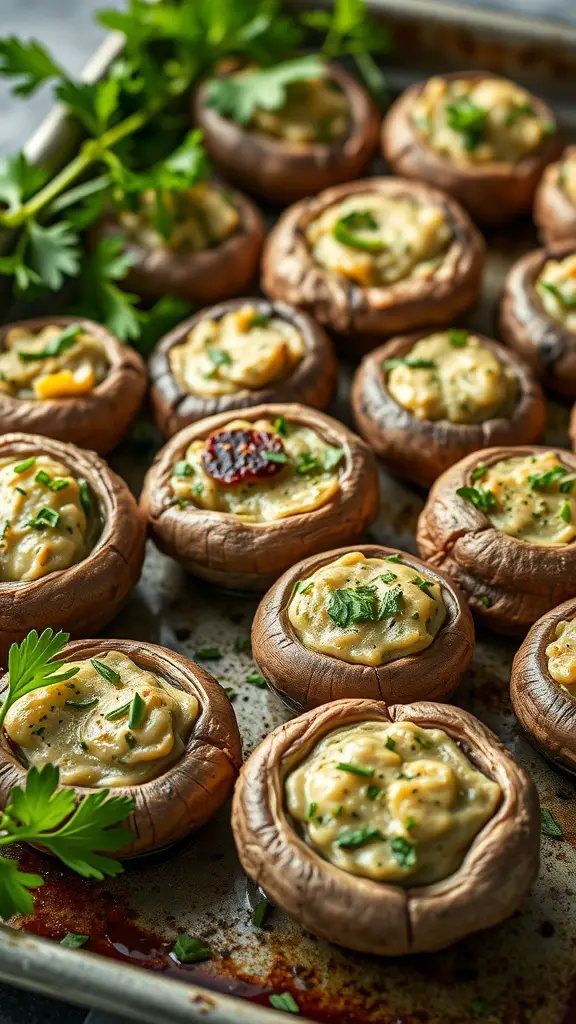 27+ Must-Try Christmas Snacks for Your Holiday Party 10 A tray of stuffed mushrooms filled with garlic and herbs, garnished with fresh parsley.