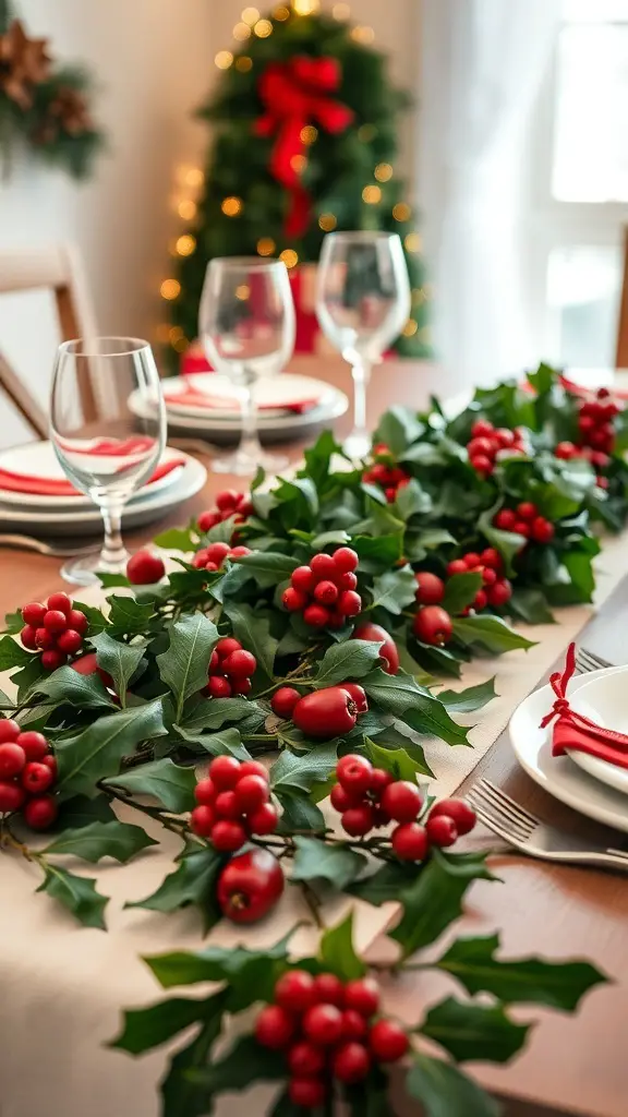A festive table set with a holly and ivy table runner, featuring red berries and green leaves, with a Christmas tree in the background.