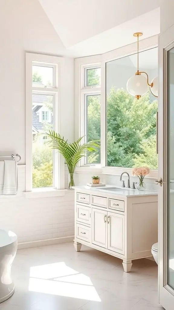 29+ Stunning Bathroom Vanity Ideas You’ll Love 11 Bright and airy bathroom with large windows, light-colored vanity, and greenery.