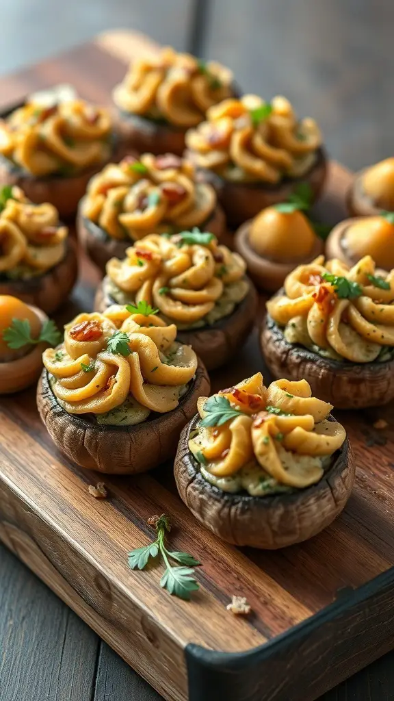 A platter of stuffed mushrooms topped with creamy filling and garnished with herbs.