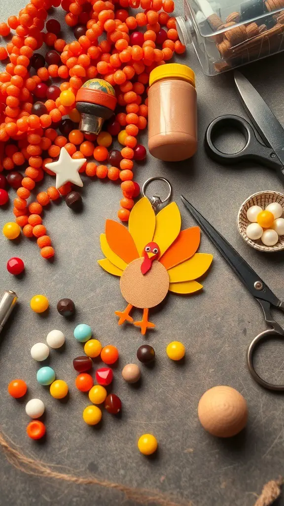 27+ Creative Turkey Crafts for Adults to Celebrate Thanksgiving 10 Colorful turkey-inspired jewelry making materials including beads, scissors, and a turkey keychain.