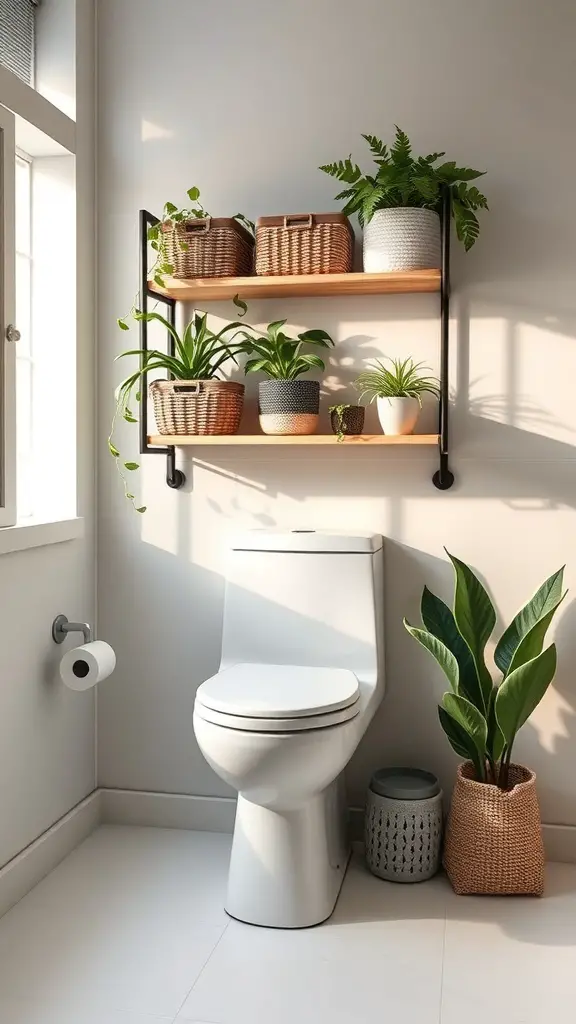 25+ Clever Hidden Storage Ideas for Your Bathroom 7 Over-the-toilet shelving with plants and storage baskets