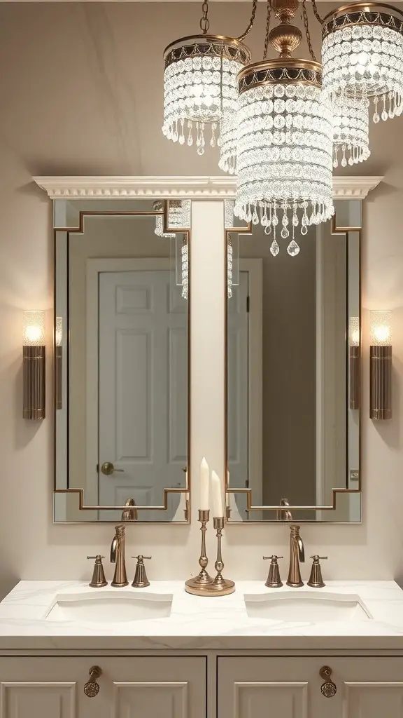 25+ Stunning Double Vanity Lighting Ideas for Your Bathroom 9 A stylish bathroom featuring a double vanity with crystal accent lighting and elegant mirrors.