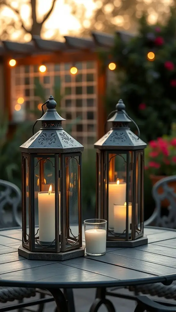 Two candle lanterns on a table with glowing candles inside, set in a cozy outdoor patio.