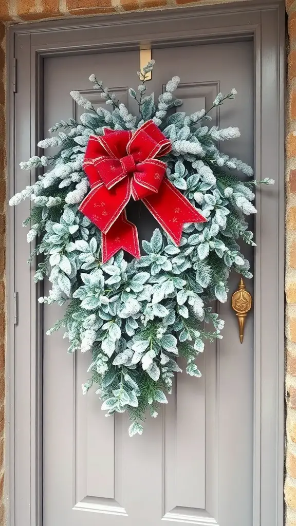 25+ Festive Christmas Swags Ideas for Your Front Door 7 Frosted eucalyptus swag with a red bow on a front door
