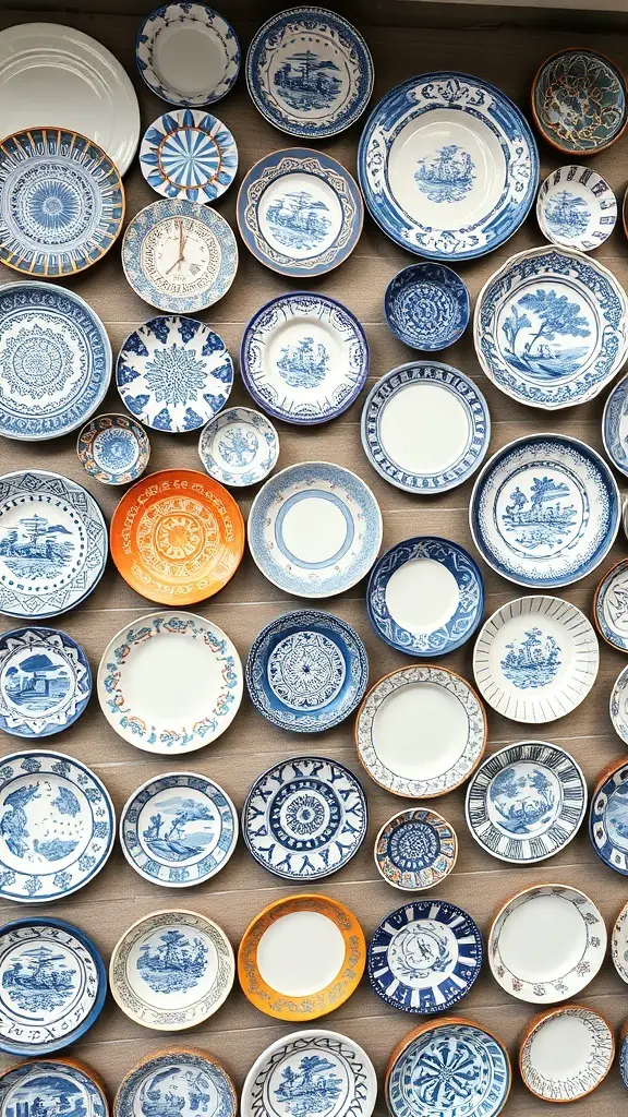 29+ Creative Ideas for a Stunning Plate Wall Display 4 A colorful display of various patterned plates arranged on a wall.