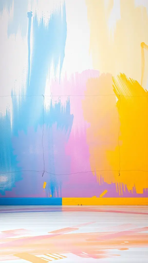 27+ Stunning Wall Paint Designs to Transform Your Space 12 A wall painted with a gradient blend of blue, pink, and yellow colors.