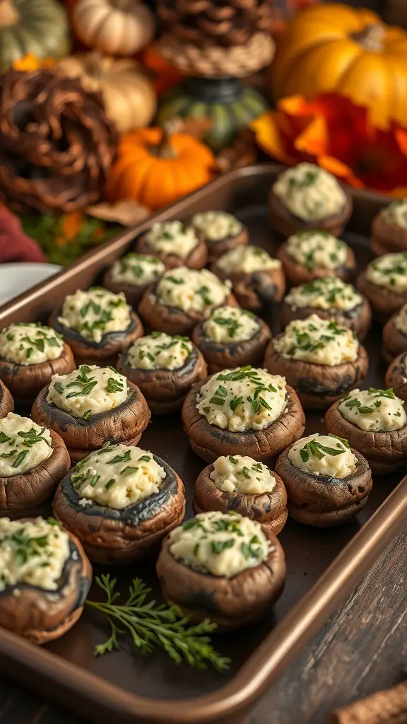 29+ Must-Try Thanksgiving Vegetable Sides for Your Holiday Feast 10 A tray of savory stuffed mushrooms topped with creamy filling and herbs, surrounded by autumn decorations.