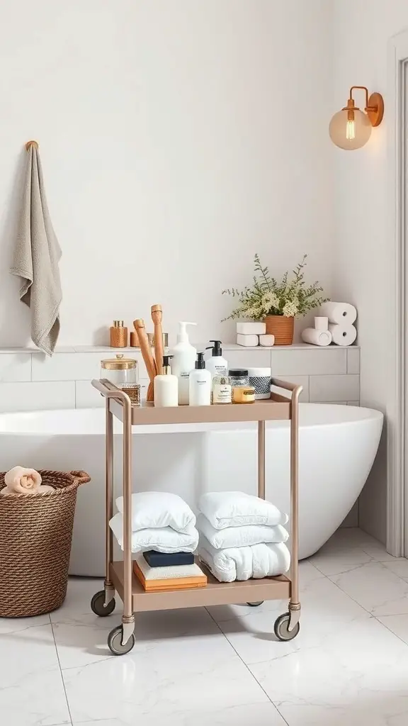 27+ Creative Bathroom Vanity Storage Ideas for an Organized Space 13 A stylish rolling cart in a bathroom, holding towels and toiletries next to a bathtub.