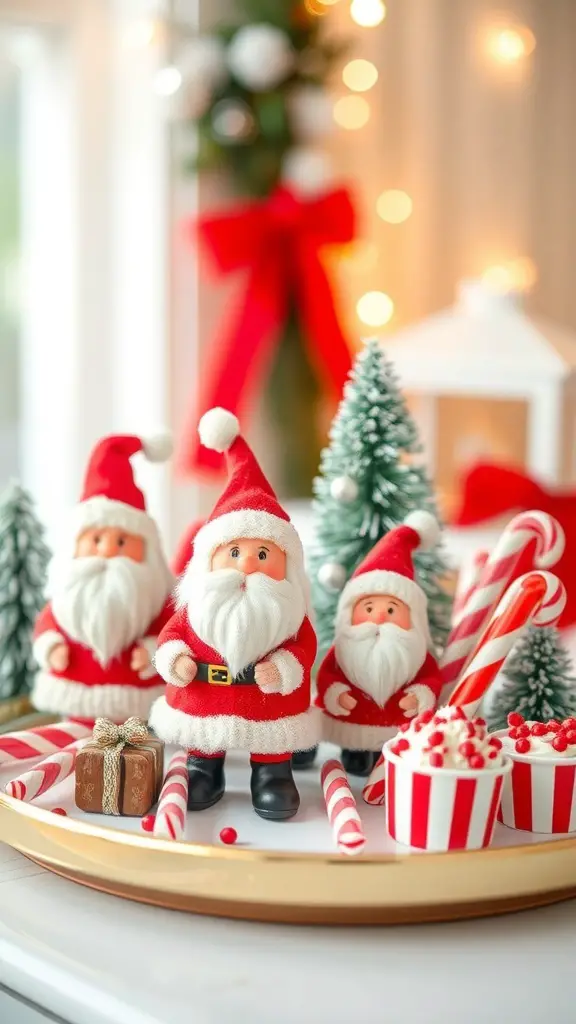 A whimsical Santa tray featuring Santa figurines, candy canes, and festive decorations.
