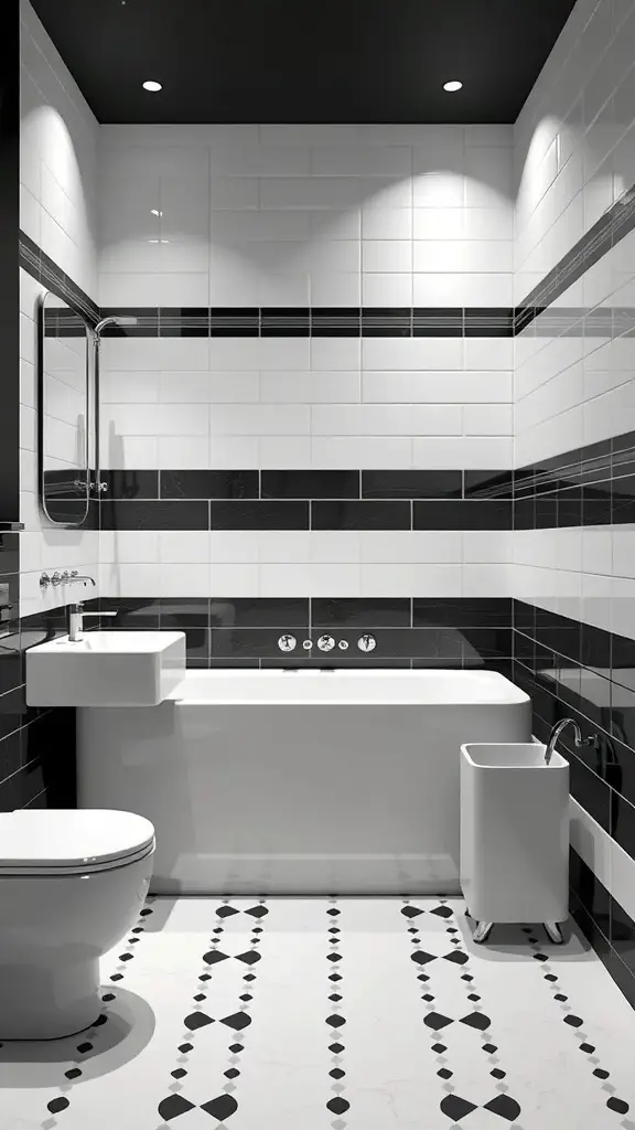 A modern bathroom with black and white tiles, featuring a bathtub, toilet, and stylish decor.