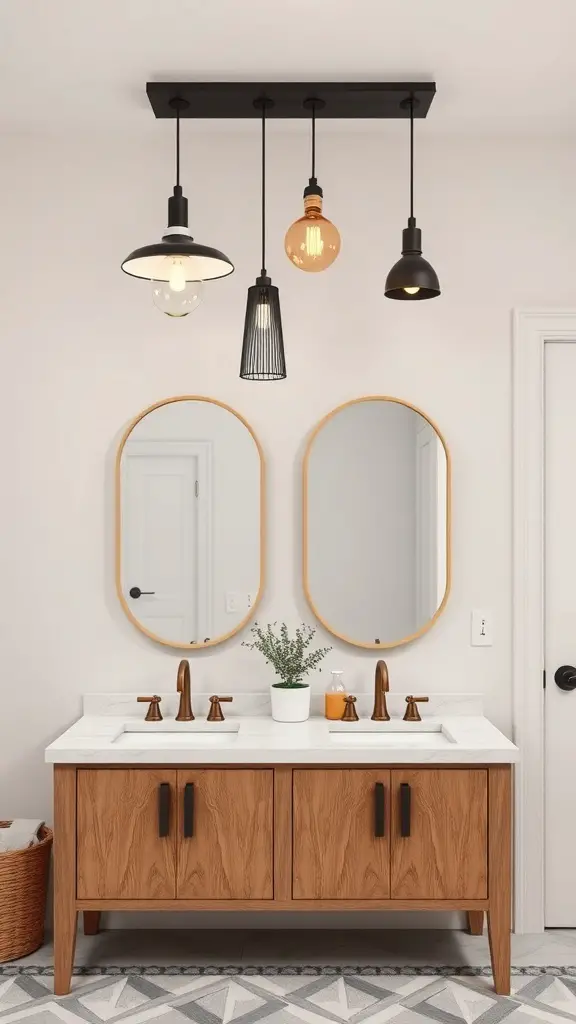 25+ Stunning Double Vanity Lighting Ideas for Your Bathroom 11 A double vanity with mixed materials featuring a wooden base, black fixtures, and eclectic hanging lights.